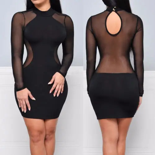 Summer Dresses New Women Summer Casual Long Sleeve O-Neck Backless Dress Sexy Lace See Though Mini Dress S-XL