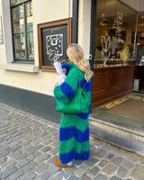 Cardigan Women Long Coats Striped Full Sleeve Knitted Sweaters Casual Loose Coat Elegant Splice Jumpers Open Stitch Autumn
