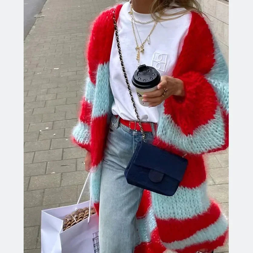 Cardigan Women Long Coats Striped Full Sleeve Knitted Sweaters Casual Loose Coat Elegant Splice Jumpers Open Stitch Autumn