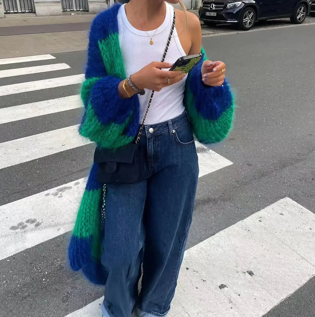 Cardigan Women Long Coats Striped Full Sleeve Knitted Sweaters Casual Loose Coat Elegant Splice Jumpers Open Stitch Autumn