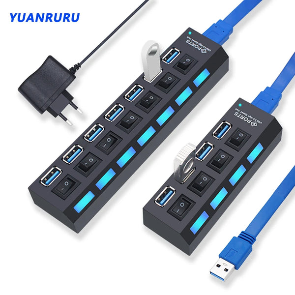 

USB Hub 3.0 Hub USB 3 USB 2.0 Multi USB Splitter Power Adapter 4/7 Port Multiple Expander 2.0 with Switch for PC Accessories

