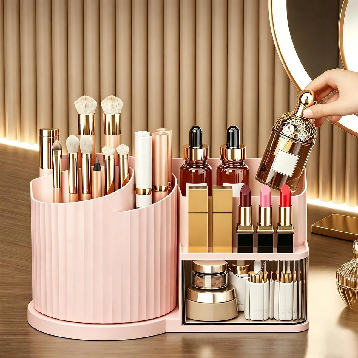 Makeup Organizer Countertop Rotating Large Capacity with Drawer Skin Care Organizers for Lipsticks Eyeshadows Dormitory Bathroom