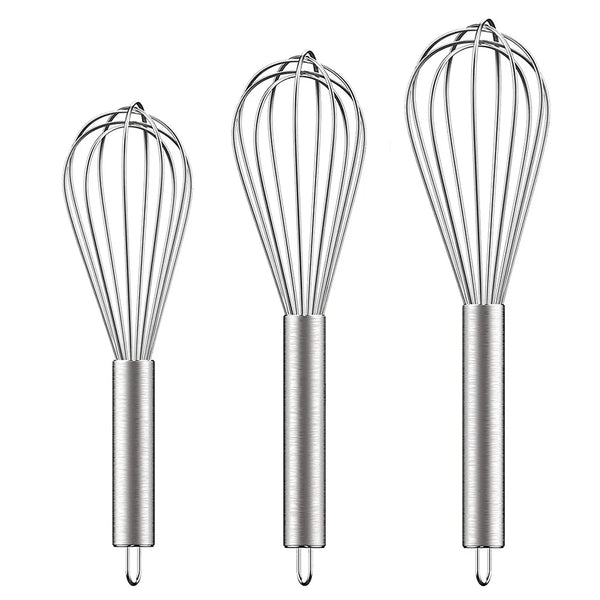 

3 Pack Stainless Steel Whisk Set 6 Wire Whisks 8/10/12 Inch Kitchen Balloon Whisks With Stainless Grip Manual Egg Beater Blender

