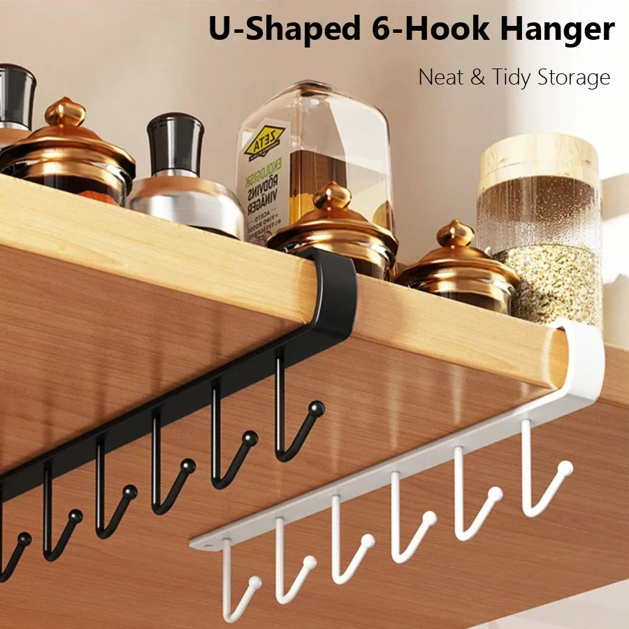 Kitchen Under Cabinet Hanging Hook Organizer Rack, No‑Drill Utensil Holder, Cabinet Shelf Hook for Mugs, Towels, Cooking Tools,