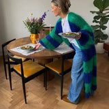 

Cardigan Women Long Coats Striped Full Sleeve Knitted Sweaters Casual Loose Coat Elegant Splice Jumpers Open Stitch Autumn

