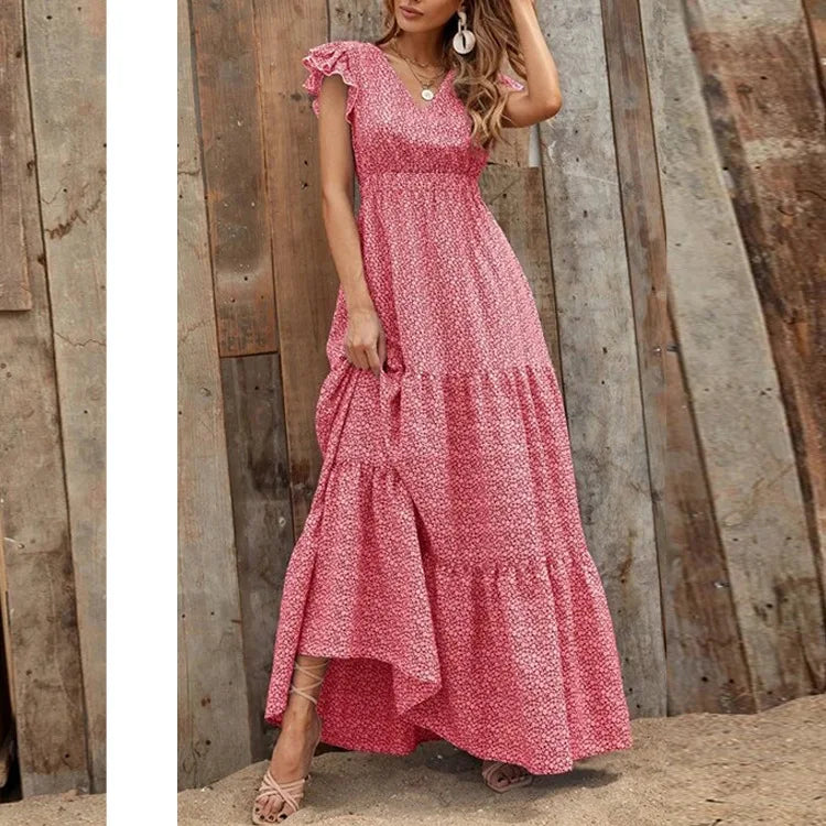 Casual V Neck Print Dress For Women Fashion Boho Holiday Beach Dresses Robe Femme Elegant High Waist Loose Skirt Womens Clothing
