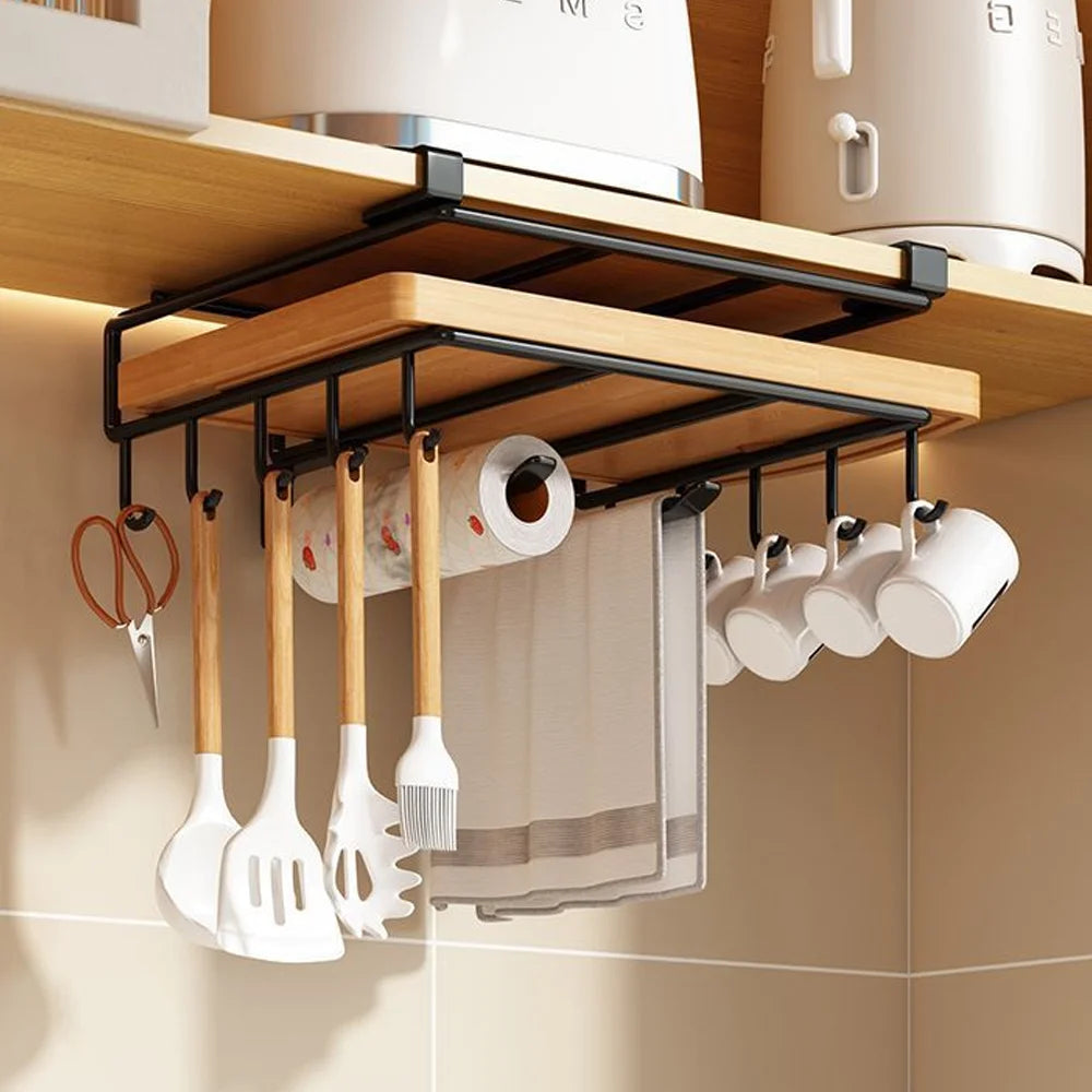 Household Space Saving Kitchen Organizer Under Cabinet Hanging Rack with Hooks Towels Cutting Boards Pot Lids Portable Storage
