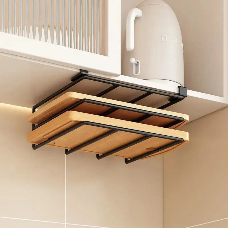 Household Space Saving Kitchen Organizer Under Cabinet Hanging Rack with Hooks Towels Cutting Boards Pot Lids Portable Storage