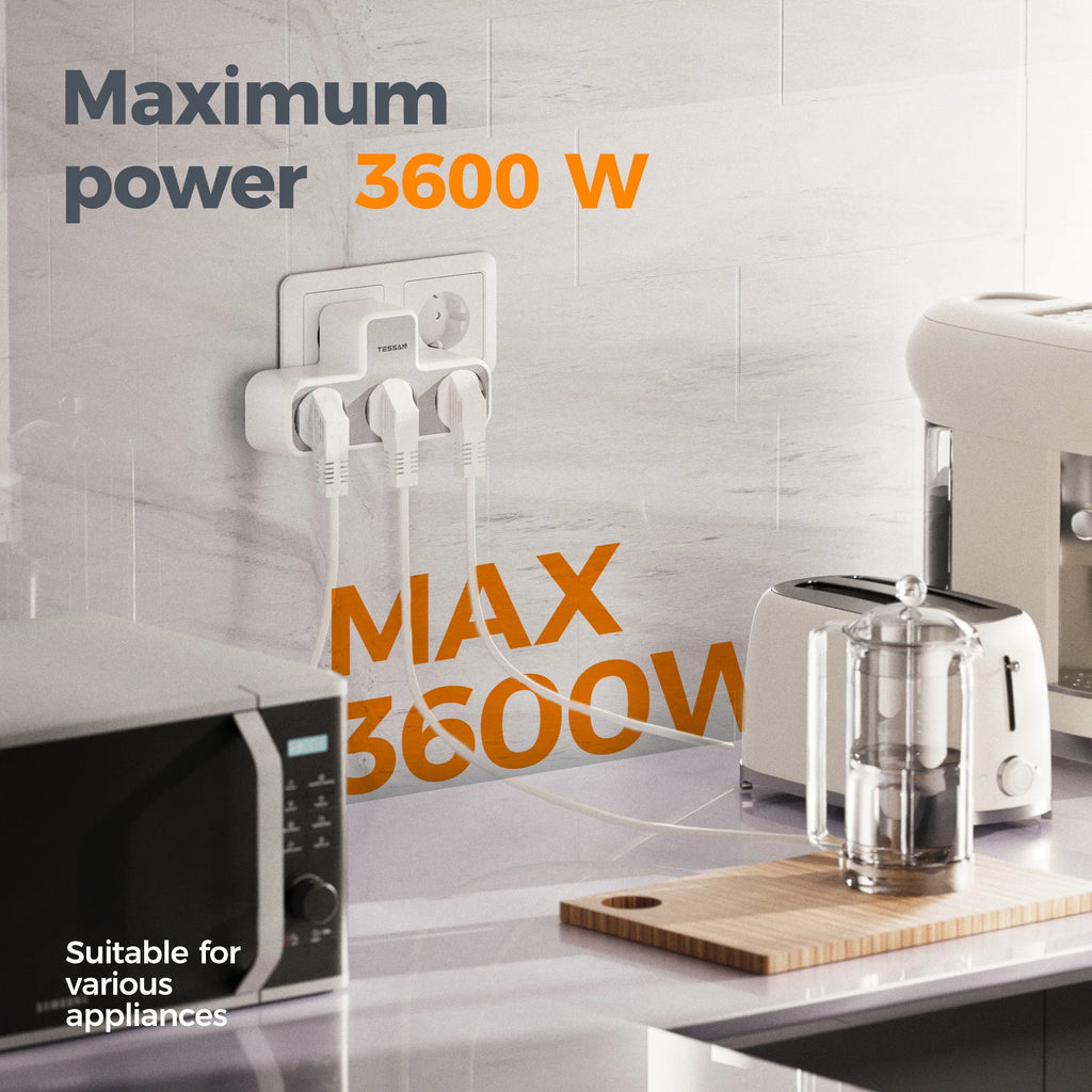 TESSAN EU Plug Wall Socket Extender with 3 AC Electrical Socket with Overload Protection Wall Outlet Smart Plug Adapter for Home