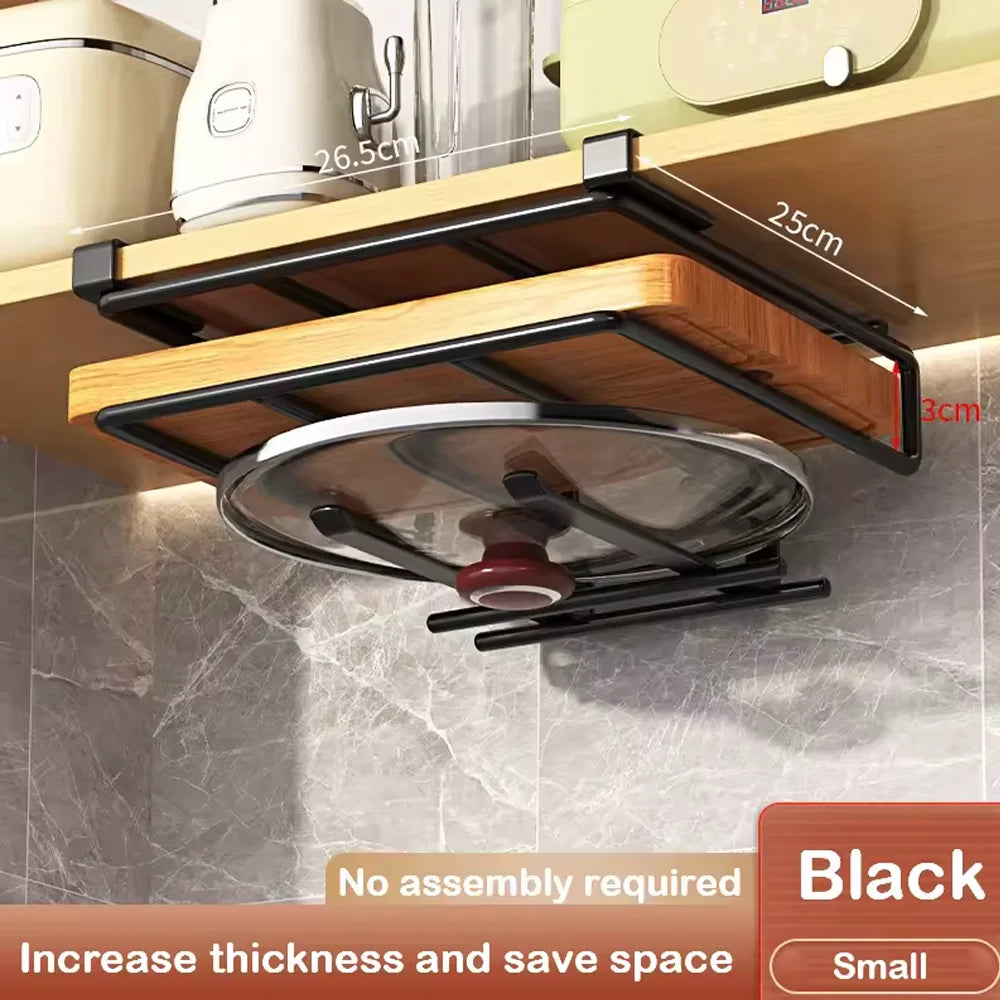 Household Space Saving Kitchen Organizer Under Cabinet Hanging Rack with Hooks Towels Cutting Boards Pot Lids Portable Storage