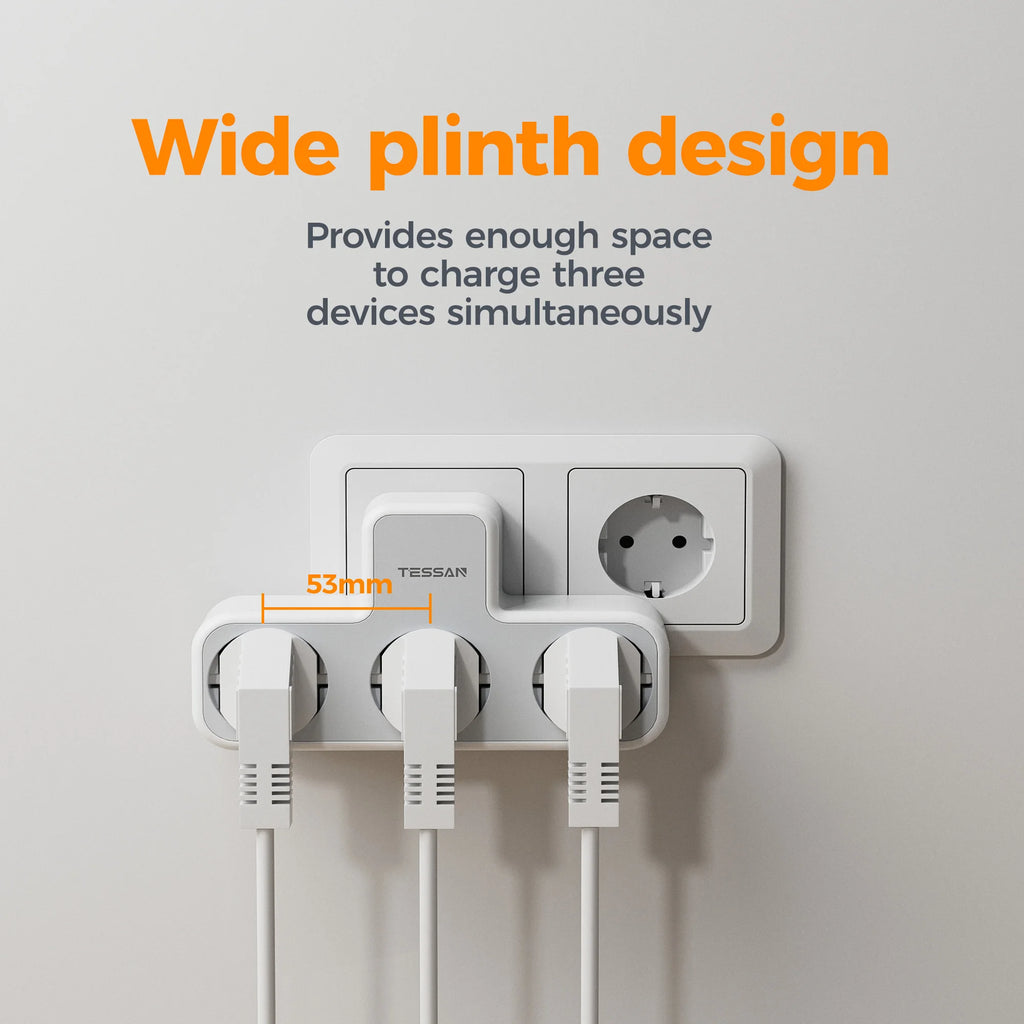 TESSAN EU Plug Wall Socket Extender with 3 AC Electrical Socket with Overload Protection Wall Outlet Smart Plug Adapter for Home