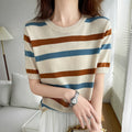 Women's T-Shirt Summer 100% Cotton Sweater Short Sleeve Striped Knitted Round Neck Ladies Tops Loose Blouse Pullover Tees