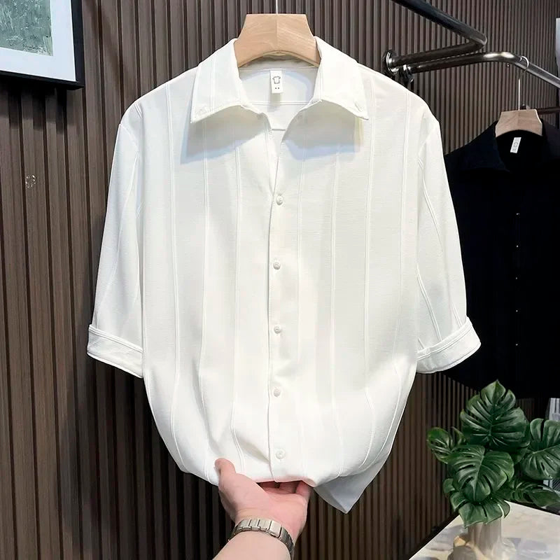 Striped Five Quarter Sleeve Shirt for Men's Trendy Slim Fit Half Sleeve Shirt, Summer Trendy Brand Casual Men's Top
