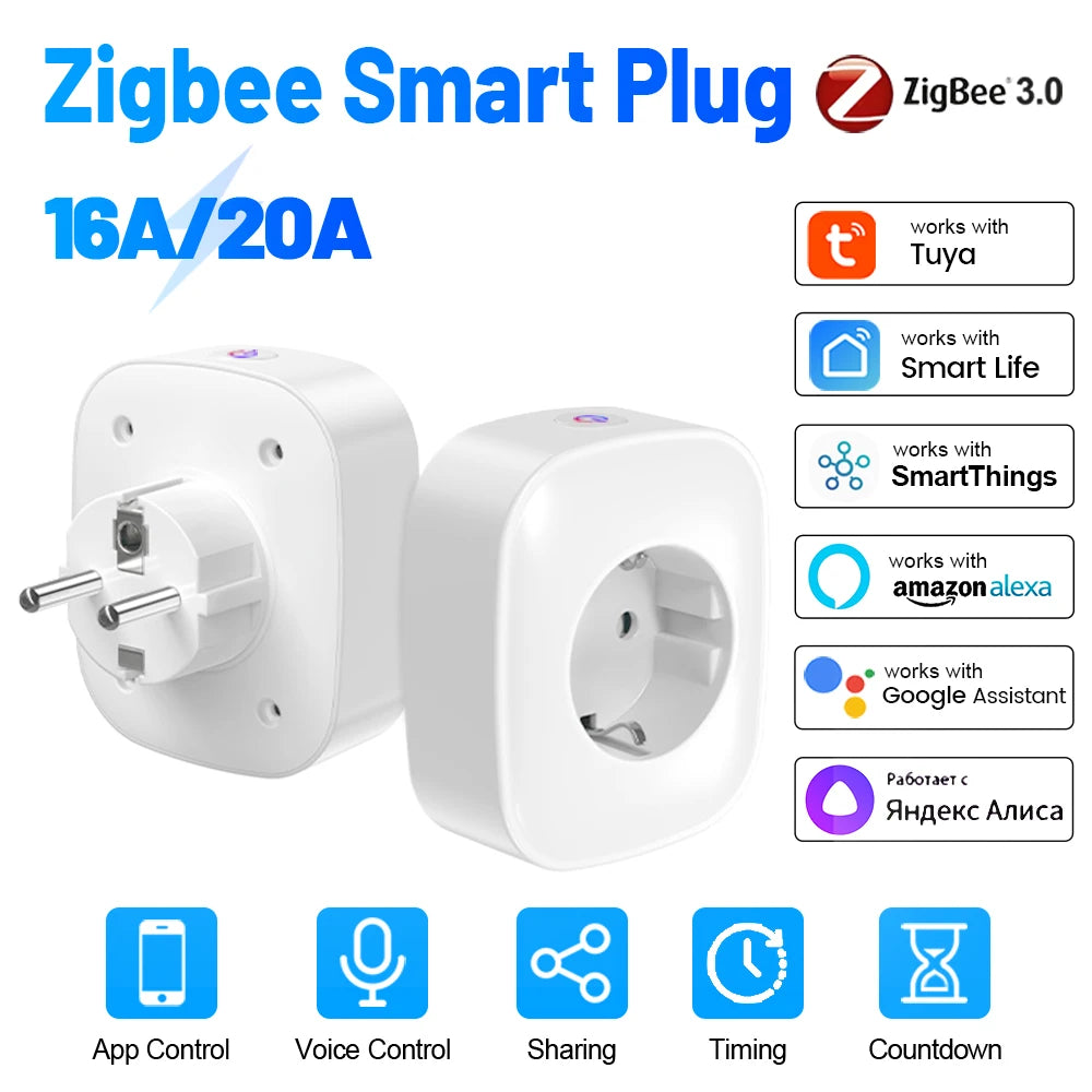 Zigbee EU Smart Plug 16A Power Monitoring Wall Socket Alexa Compatible Voice Control Electrical Socket Wall Ground Outlet