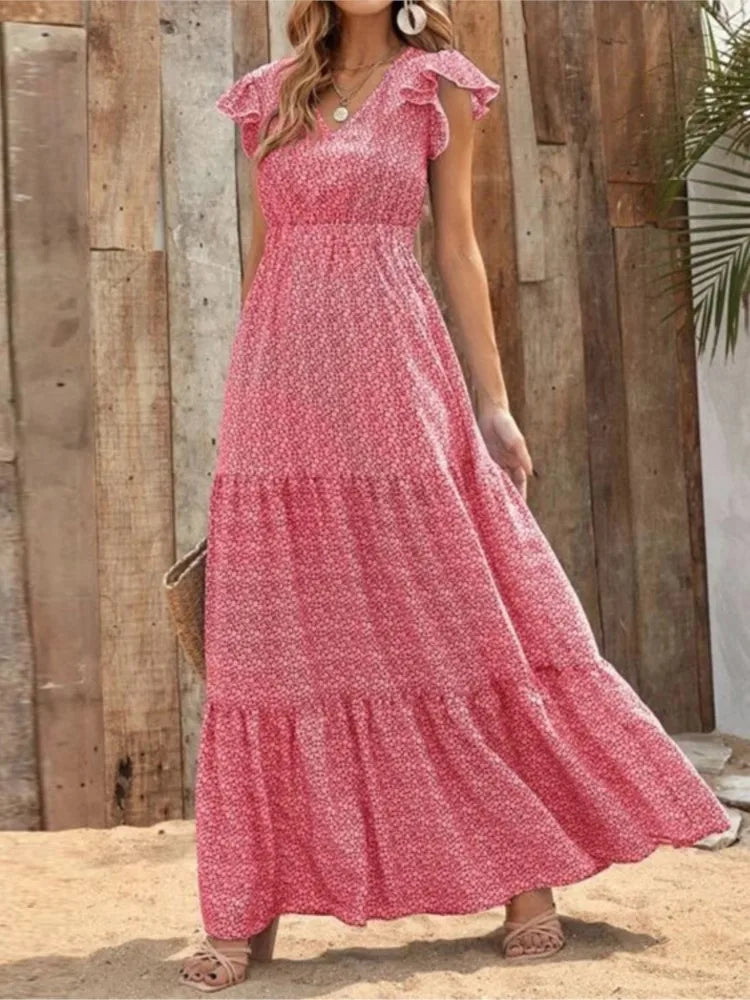 Casual V Neck Print Dress For Women Fashion Boho Holiday Beach Dresses Robe Femme Elegant High Waist Loose Skirt Womens Clothing
