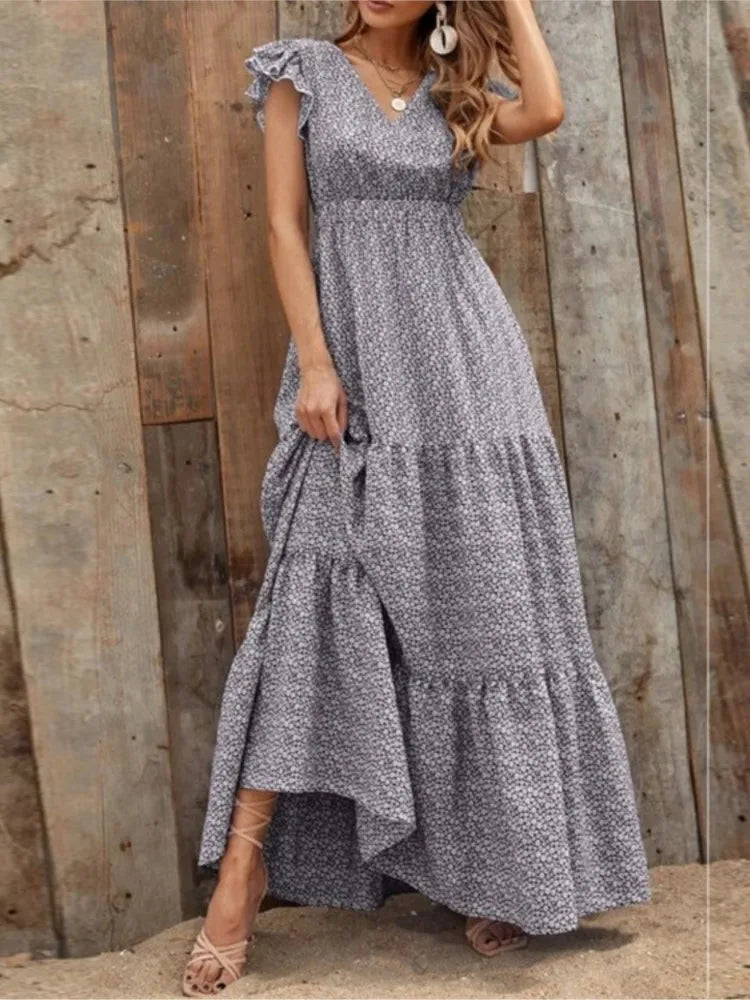 Casual V Neck Print Dress For Women Fashion Boho Holiday Beach Dresses Robe Femme Elegant High Waist Loose Skirt Womens Clothing