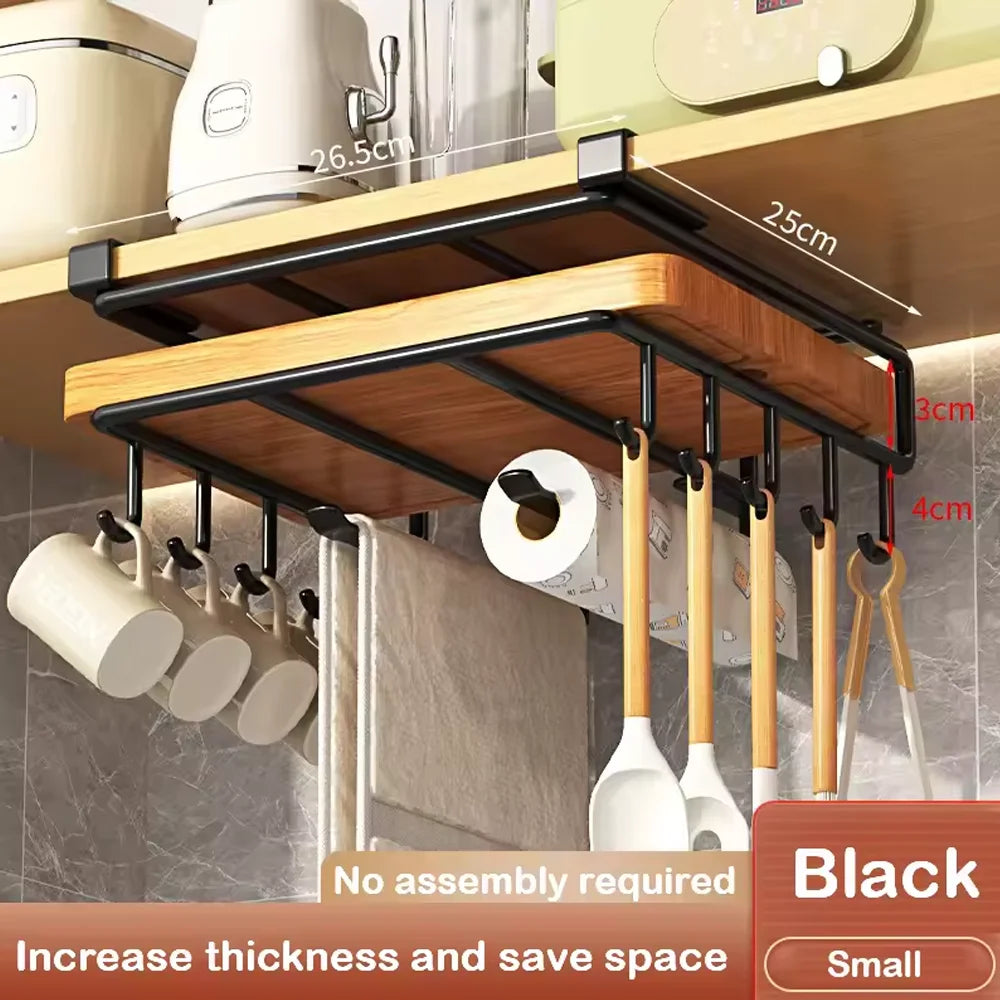 Household Space Saving Kitchen Organizer Under Cabinet Hanging Rack with Hooks Towels Cutting Boards Pot Lids Portable Storage
