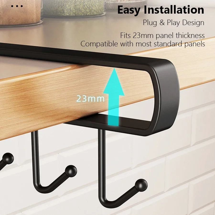 Kitchen Under Cabinet Hanging Hook Organizer Rack, No‑Drill Utensil Holder, Cabinet Shelf Hook for Mugs, Towels, Cooking Tools,