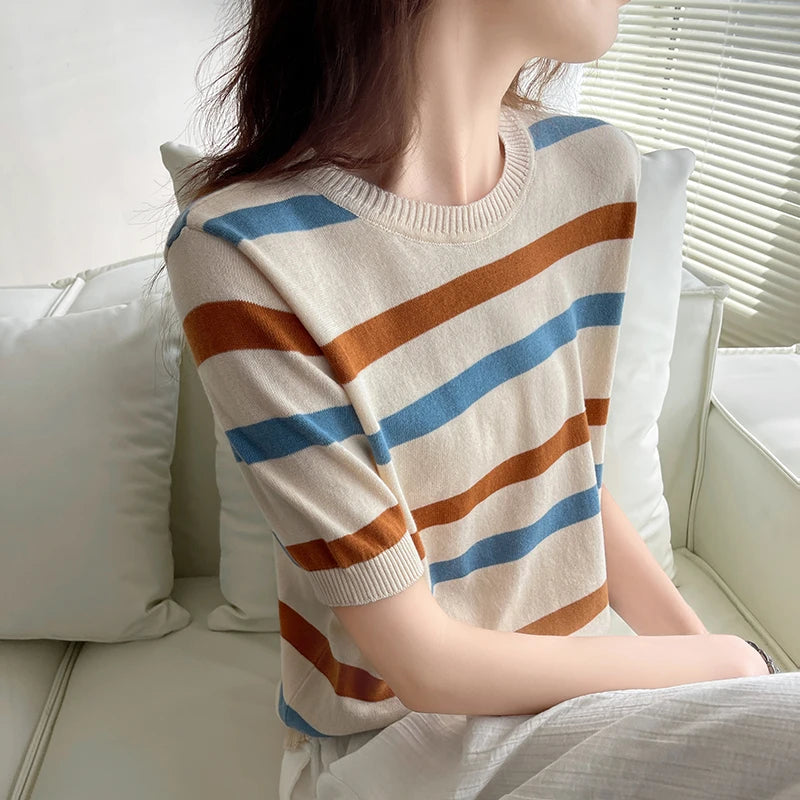 Women's T-Shirt Summer 100% Cotton Sweater Short Sleeve Striped Knitted Round Neck Ladies Tops Loose Blouse Pullover Tees