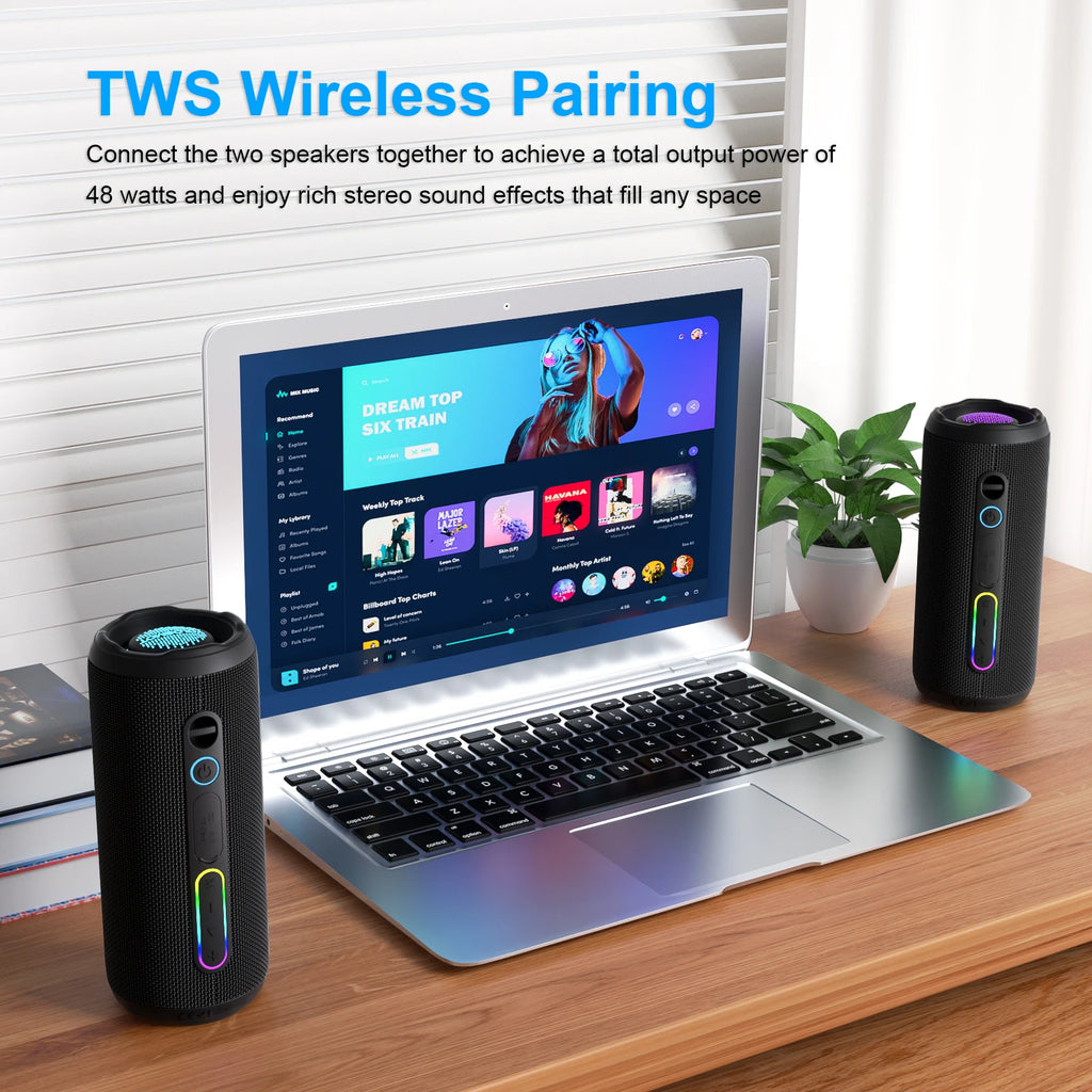 Bluetooth Speaker Portable Outdoor 24W Deep Bass IPX7 Waterproof 12H Playtime TWS Multi Pair EQ Stereo Camping Travel Party
