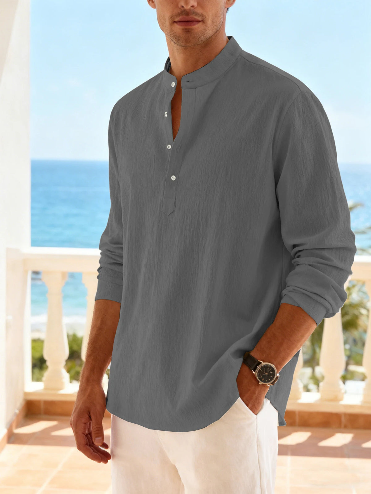 Men's Casual Vacation Shirts Lightweight Long Sleeve Henley Collar Shirts Beach Solid Color Breathable Shirt for Men Streetwear