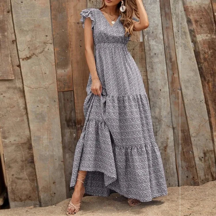 Casual V Neck Print Dress For Women Fashion Boho Holiday Beach Dresses Robe Femme Elegant High Waist Loose Skirt Womens Clothing