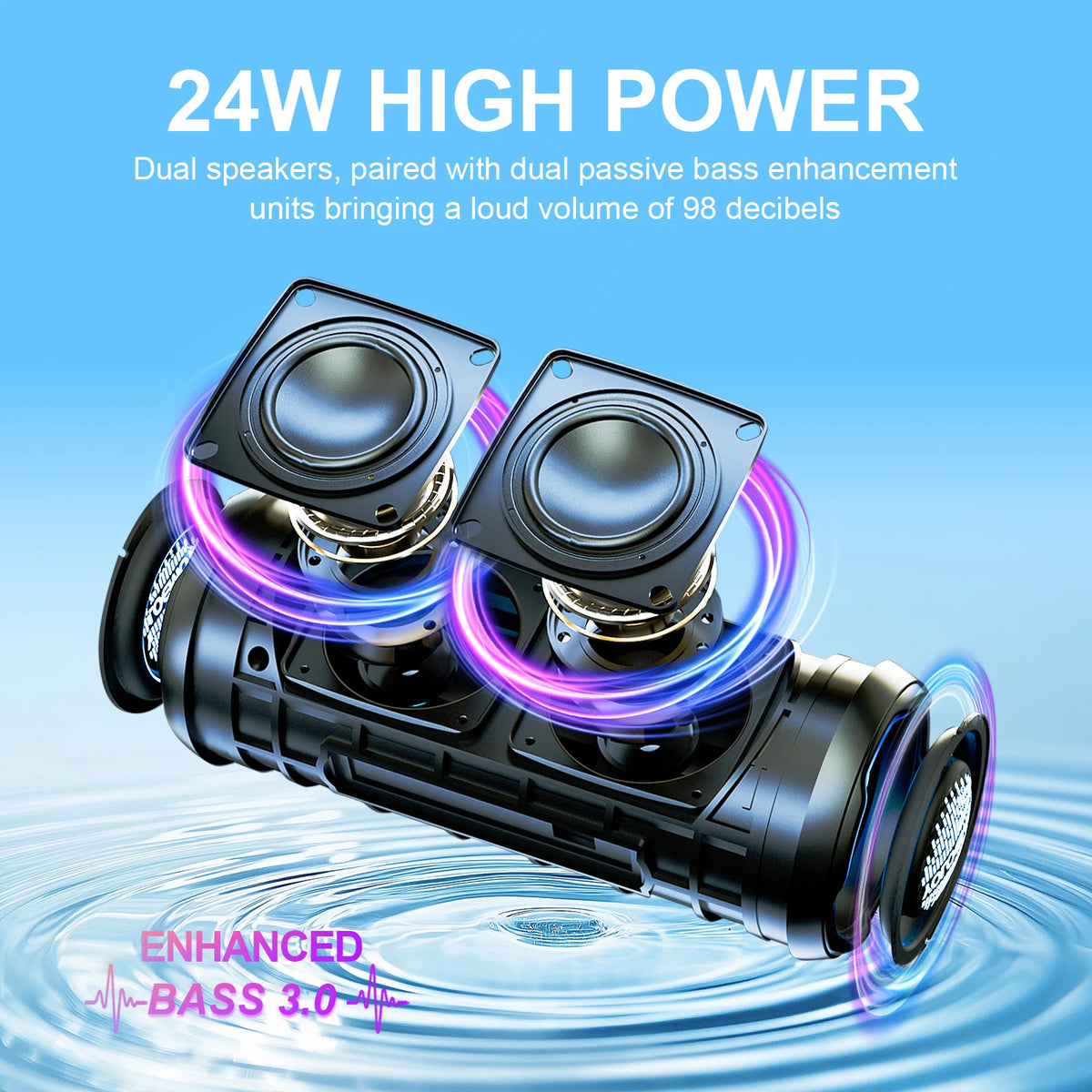 Bluetooth Speaker Portable Outdoor 24W Deep Bass IPX7 Waterproof 12H Playtime TWS Multi Pair EQ Stereo Camping Travel Party