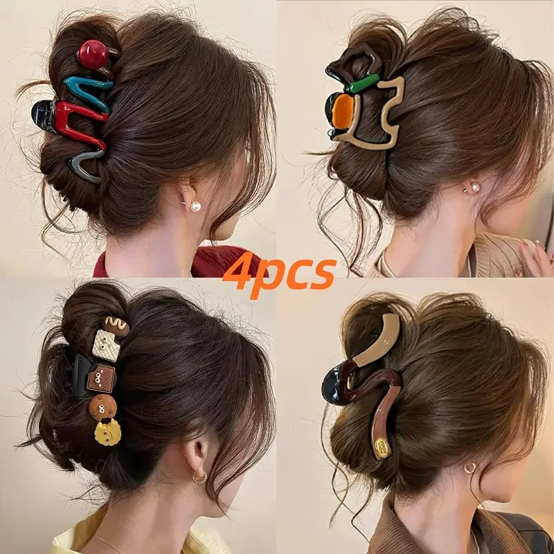 

4Pcs Elegant Large Hair Claw Clips for Women Chic Wavy Design with Color Accents Non-Slip Shark Clips Head Hair Accessories


