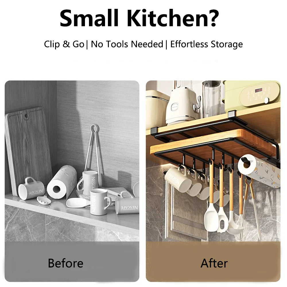 Household Space Saving Kitchen Organizer Under Cabinet Hanging Rack with Hooks Towels Cutting Boards Pot Lids Portable Storage