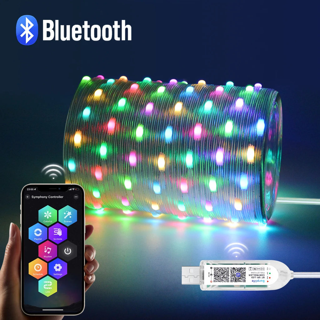 Smart RGBIC LED Strip Light, Bluetooth, USB, 20m, Waterproof, String Light, Room, Outdoor, Garden, Fairy Lights, Christmas Decor