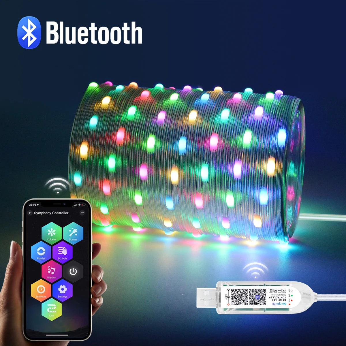 Smart RGBIC LED Strip Light, Bluetooth, USB, 20m, Waterproof, String Light, Room, Outdoor, Garden, Fairy Lights, Christmas Decor