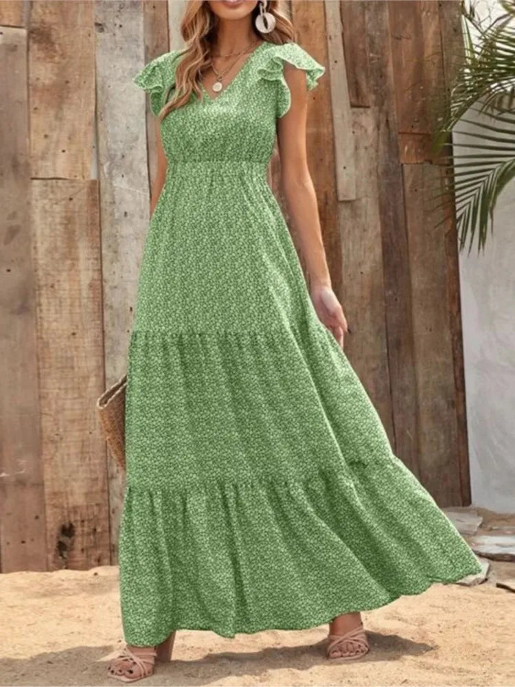 Casual V Neck Print Dress For Women Fashion Boho Holiday Beach Dresses Robe Femme Elegant High Waist Loose Skirt Womens Clothing