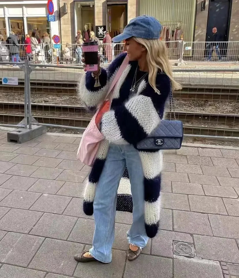 

Cardigan Women Long Coats Striped Full Sleeve Knitted Sweaters Casual Loose Coat Elegant Splice Jumpers Open Stitch Autumn

