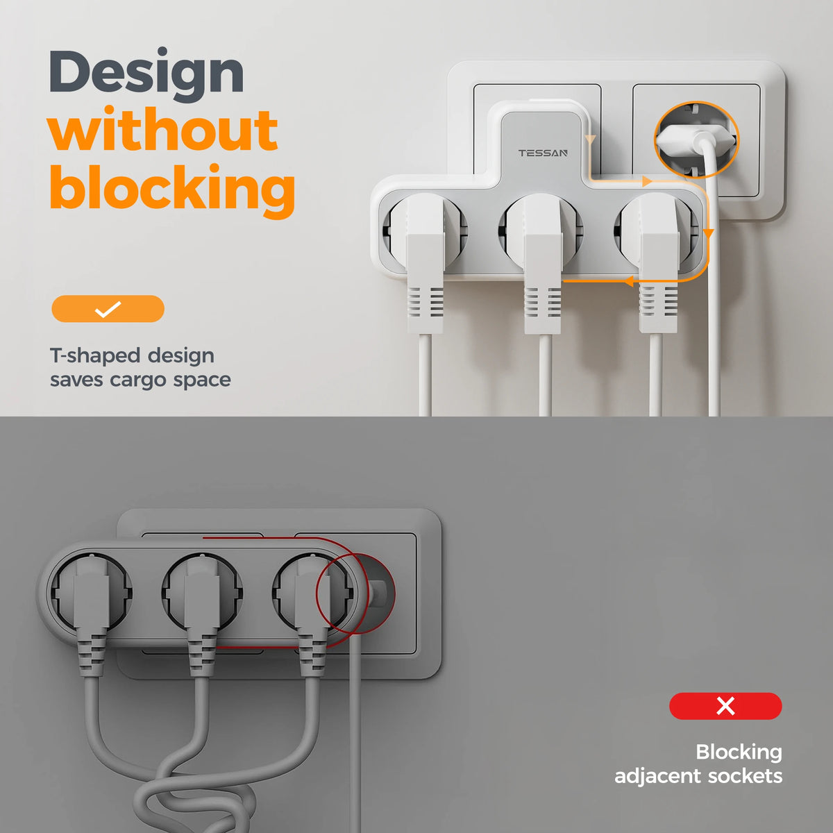 TESSAN EU Plug Wall Socket Extender with 3 AC Electrical Socket with Overload Protection Wall Outlet Smart Plug Adapter for Home