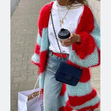 

Cardigan Women Long Coats Striped Full Sleeve Knitted Sweaters Casual Loose Coat Elegant Splice Jumpers Open Stitch Autumn

