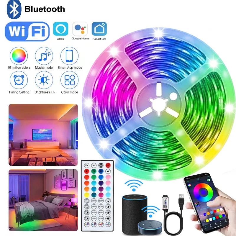Led Strips Lights For Room Smart Wifi Led Strip Alexa 5050 Rgb Led Tape Strips 5m 10m 15m 30m Music Sync Gaming Room Decoration