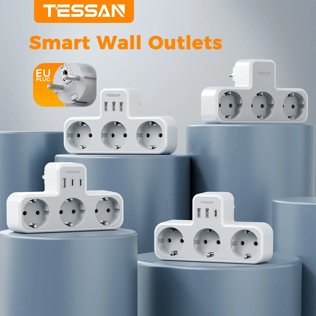 TESSAN EU Plug Wall Socket Extender with 3 AC Electrical Socket with Overload Protection Wall Outlet Smart Plug Adapter for Home