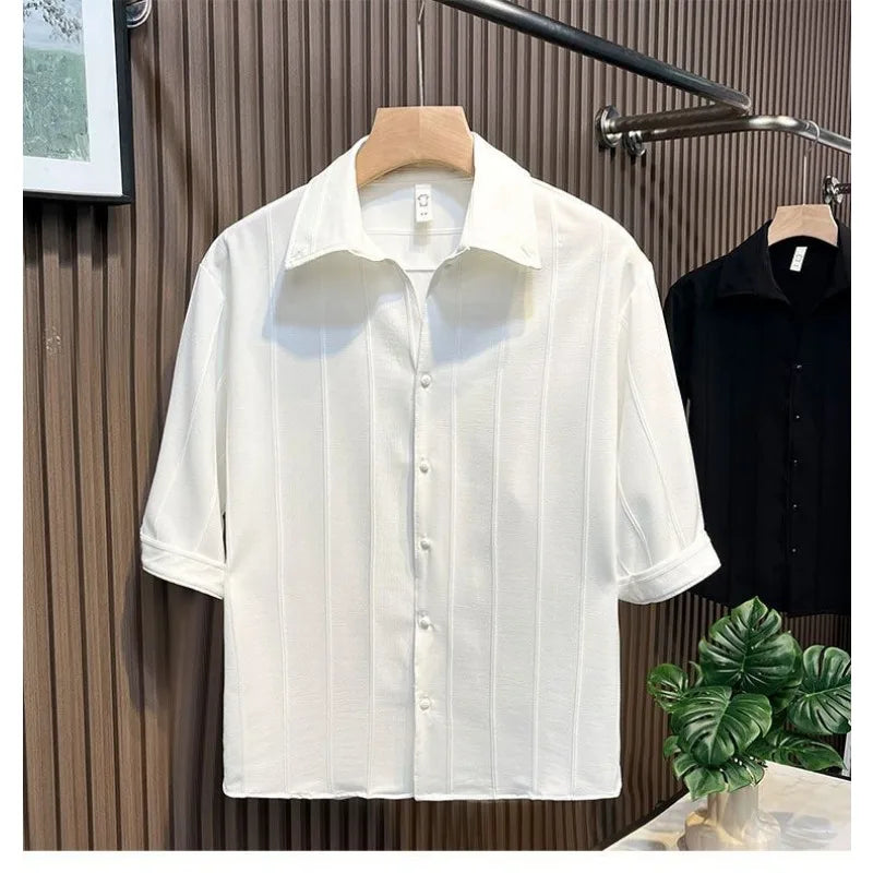 Striped Five Quarter Sleeve Shirt for Men's Trendy Slim Fit Half Sleeve Shirt, Summer Trendy Brand Casual Men's Top