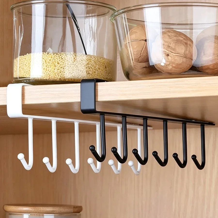 Kitchen Under Cabinet Hanging Hook Organizer Rack, No‑Drill Utensil Holder, Cabinet Shelf Hook for Mugs, Towels, Cooking Tools,