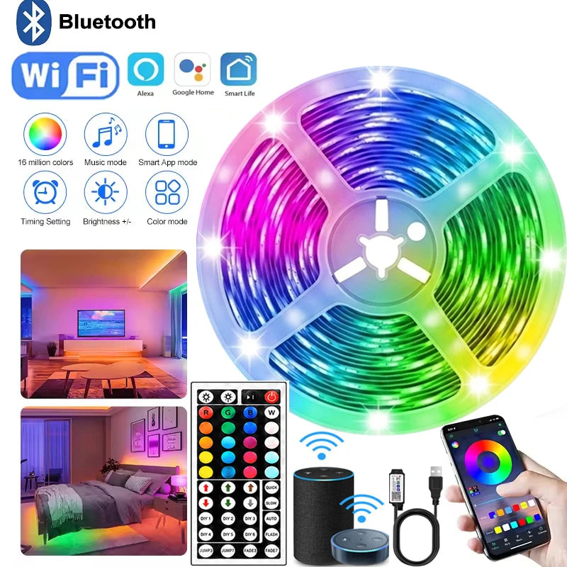 Led Strips Lights For Room Smart Wifi Led Strip Alexa 5050 Rgb Led Tape Strips 5m 10m 15m 30m Music Sync Gaming Room Decoration