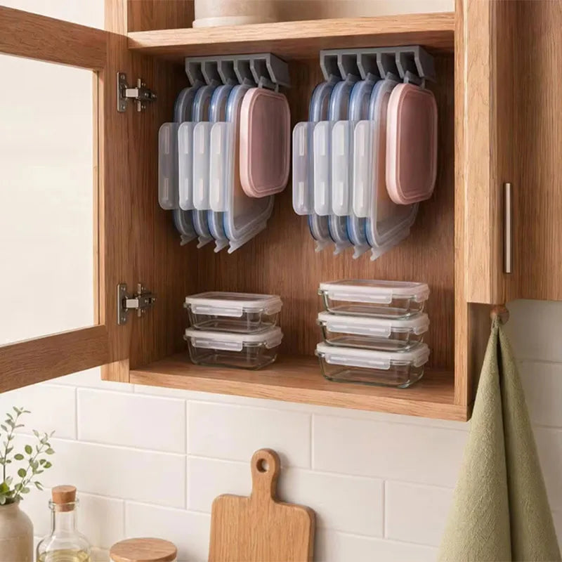 Kitchen Food Container Lid Holder Cabinet Space Saving Organizer Rack Plastic Shelf Hanger Bracket Wall Multi-Slot Sturdy Hook