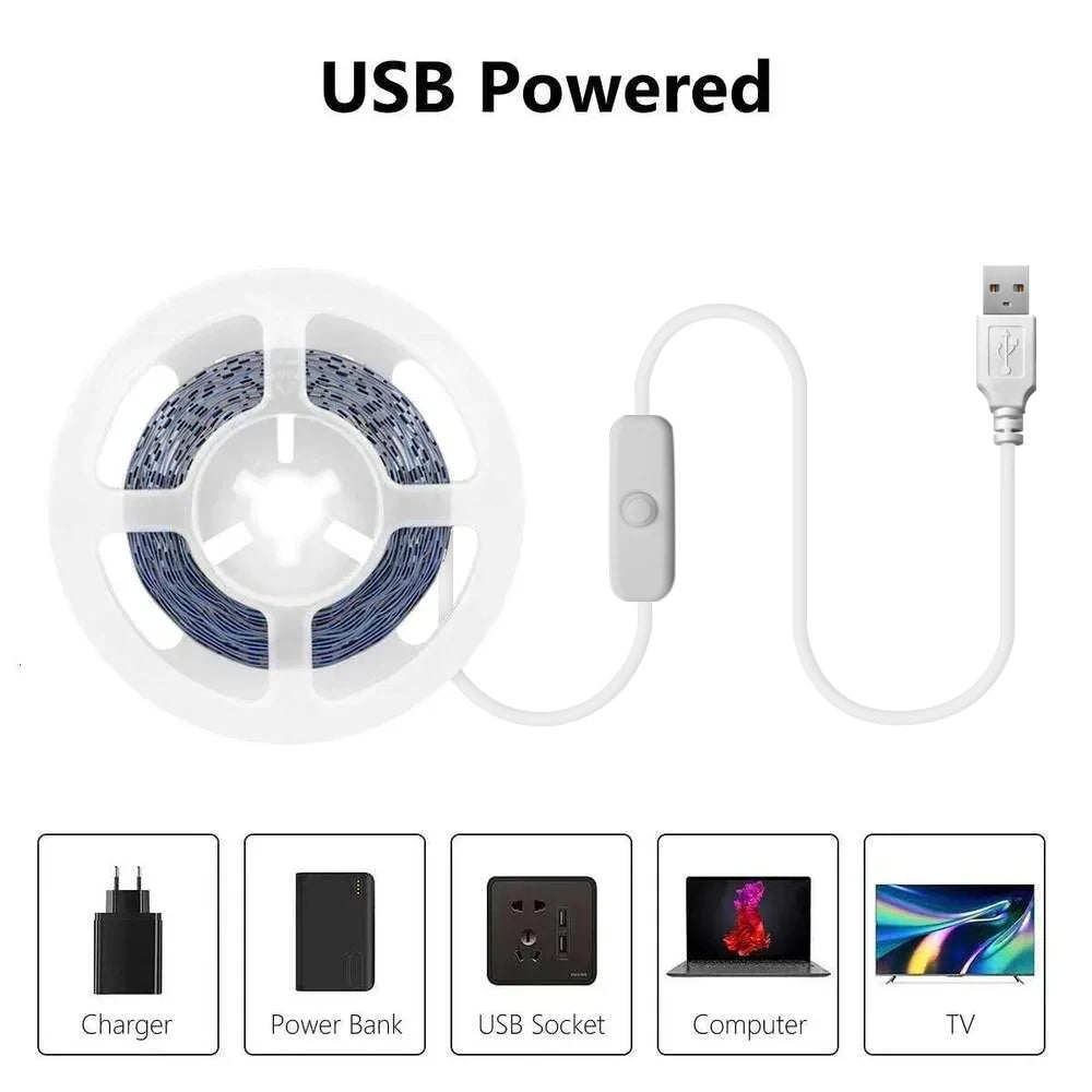 10m / 5m / 3m / 2m / 1m ，Led Light Strip, USB Plug-In Flexible Light Strip, USB Powered, Built-In Button Switch, Waterproof and Energy-Saving Light Strip, Adhesive Backing, Can Be Cut to Design, Adhesive Installation, Suita