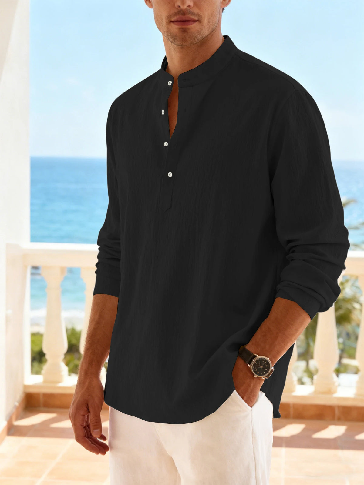 Men's Casual Vacation Shirts Lightweight Long Sleeve Henley Collar Shirts Beach Solid Color Breathable Shirt for Men Streetwear