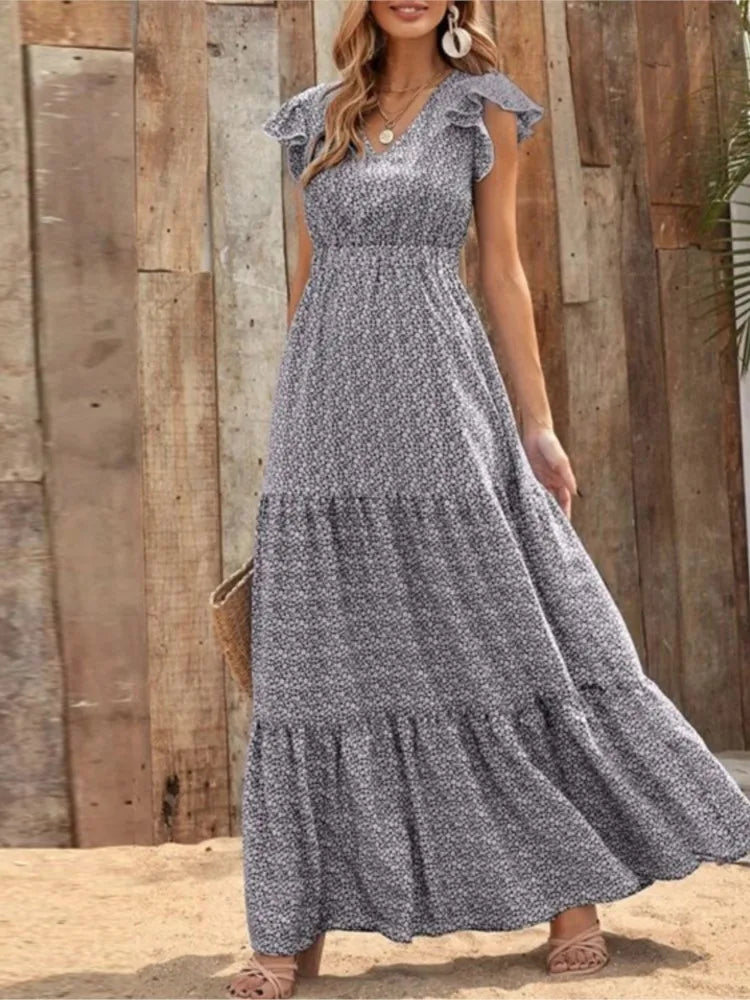 Casual V Neck Print Dress For Women Fashion Boho Holiday Beach Dresses Robe Femme Elegant High Waist Loose Skirt Womens Clothing
