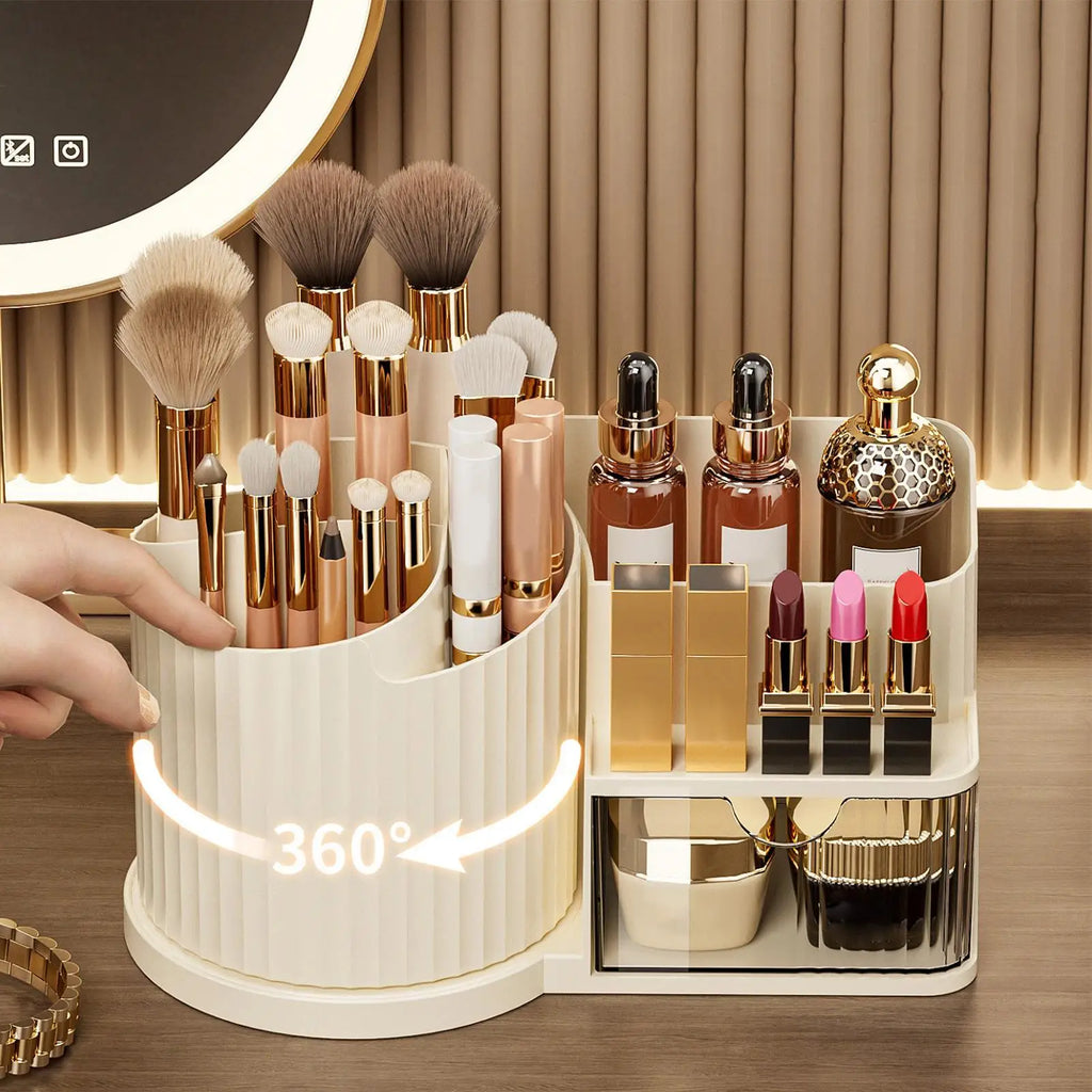 Makeup Organizer Countertop Rotating Large Capacity with Drawer Skin Care Organizers for Lipsticks Eyeshadows Dormitory Bathroom