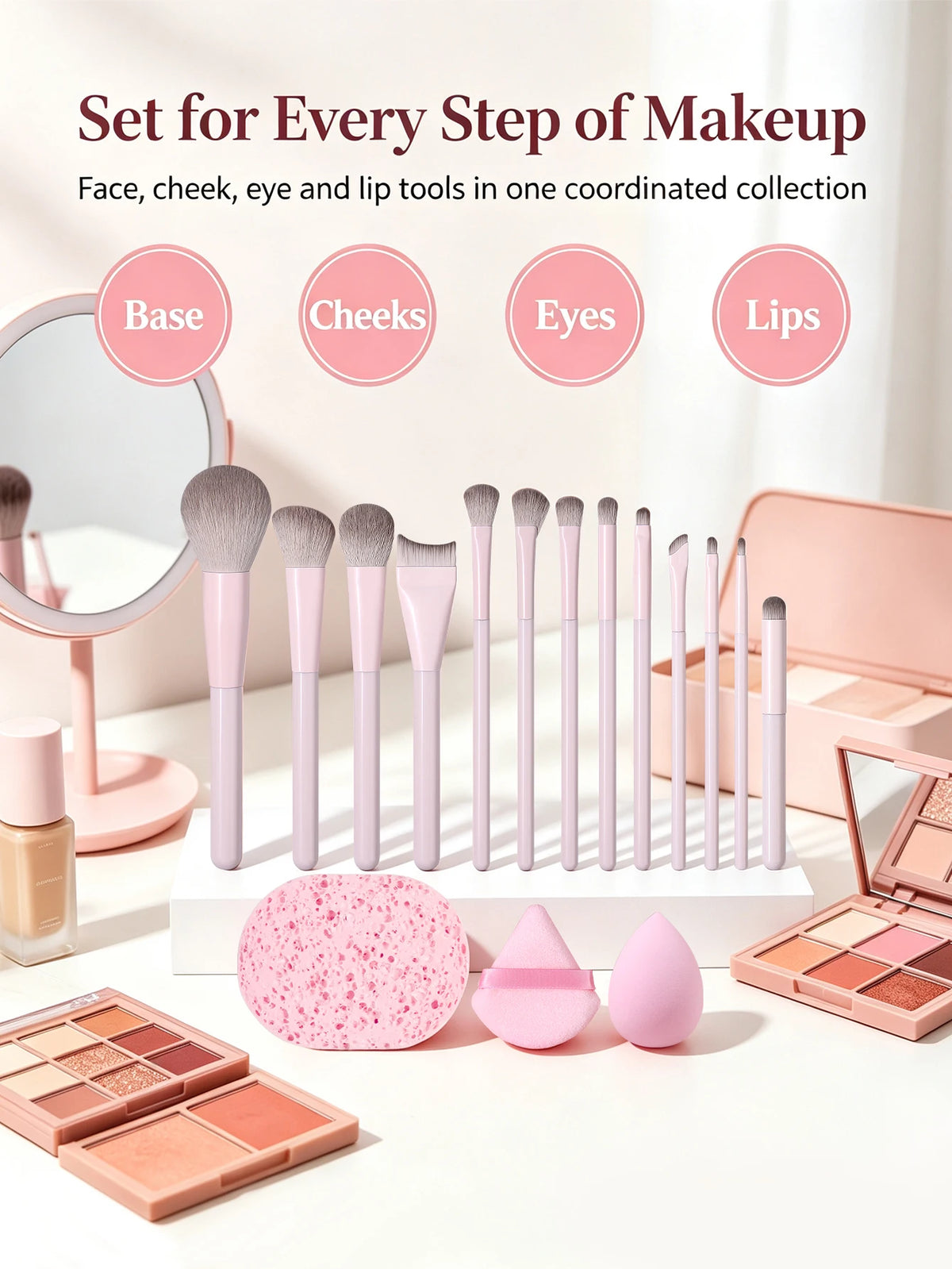 Makeup Brush Set - Soft Synthetic Hair Brushes for Beauty Tools - Foundation Brush, Blush Brush, Eye Shadow Brush, Powder Puff