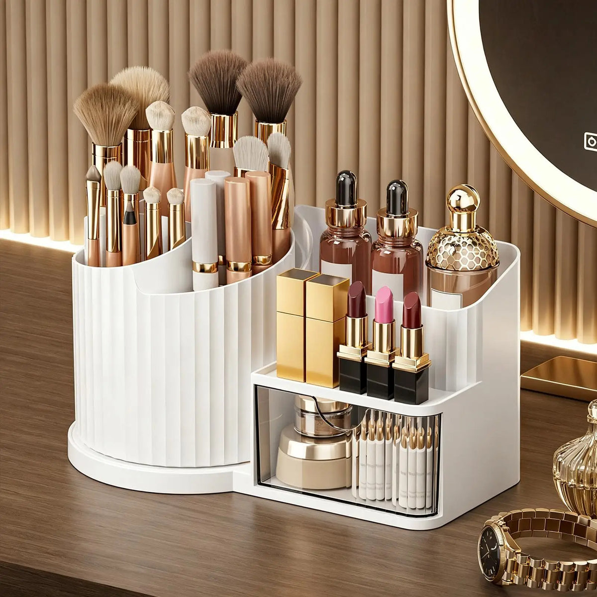 Makeup Organizer Countertop Rotating Large Capacity with Drawer Skin Care Organizers for Lipsticks Eyeshadows Dormitory Bathroom