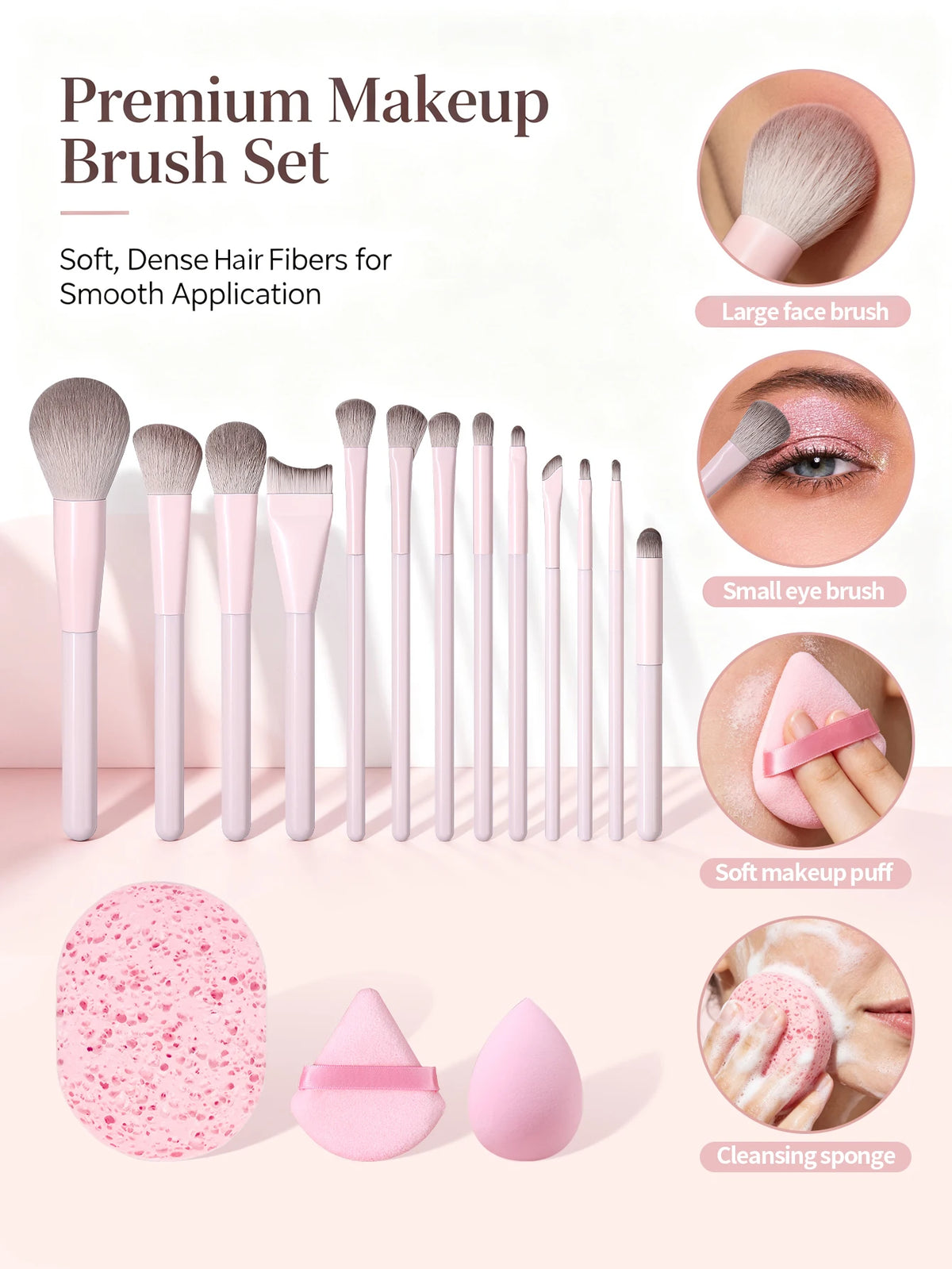 Makeup Brush Set - Soft Synthetic Hair Brushes for Beauty Tools - Foundation Brush, Blush Brush, Eye Shadow Brush, Powder Puff