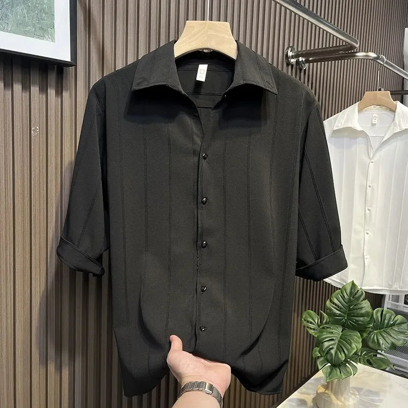 Striped Five Quarter Sleeve Shirt for Men's Trendy Slim Fit Half Sleeve Shirt, Summer Trendy Brand Casual Men's Top