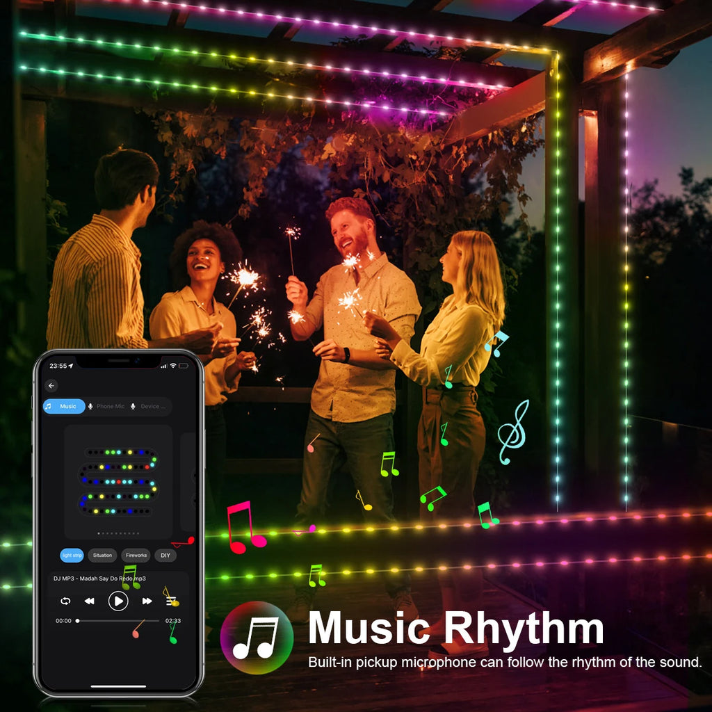 Smart RGBIC LED Strip Light, Bluetooth, USB, 20m, Waterproof, String Light, Room, Outdoor, Garden, Fairy Lights, Christmas Decor